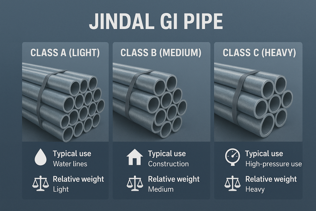 A professional visual of zinc-coated Jindal GI pipes stacked neatly, highlighting size variation and weight classification for industrial and construction use.